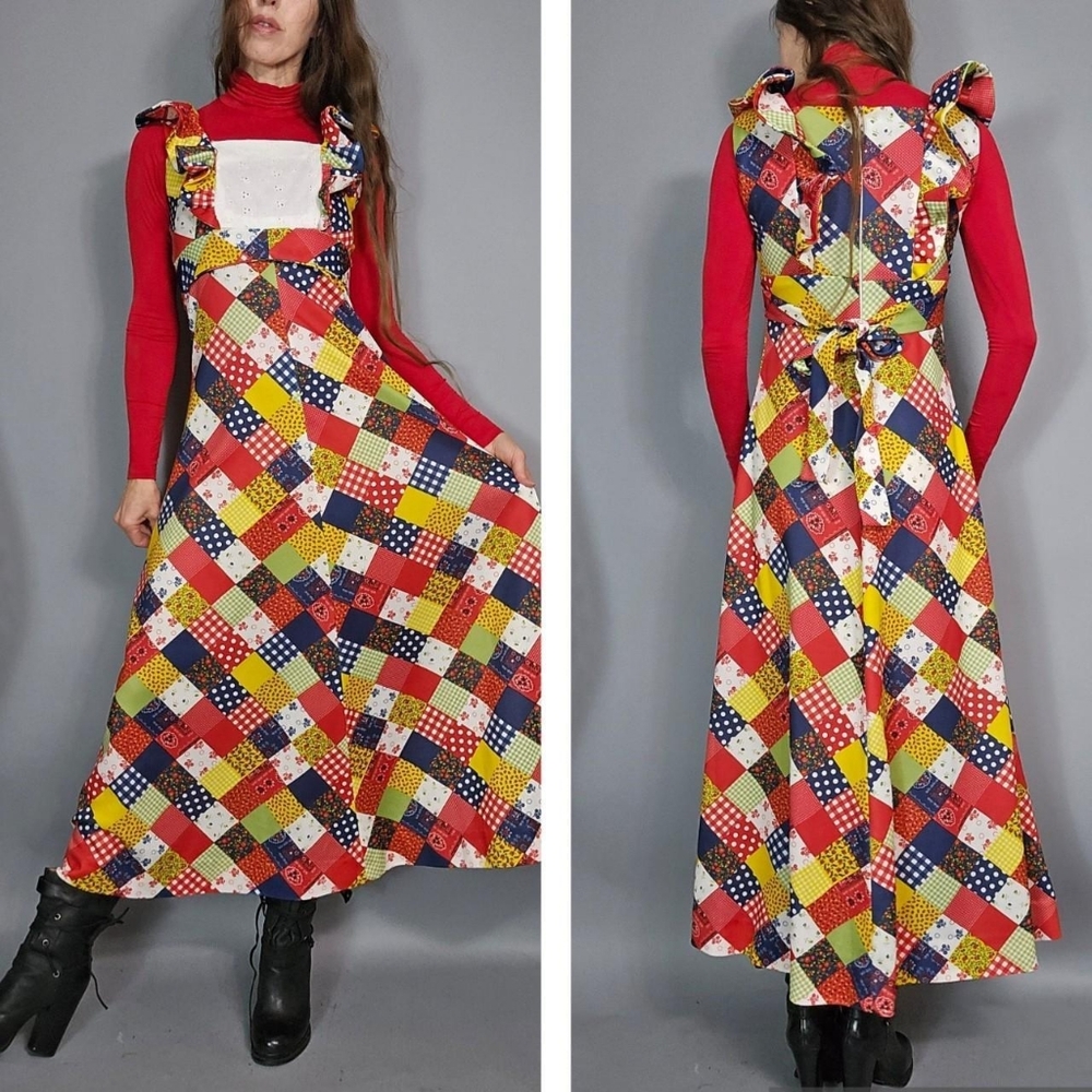 Vintage 70s Polyester Patchwork Pinafore Dress Xs - image 1